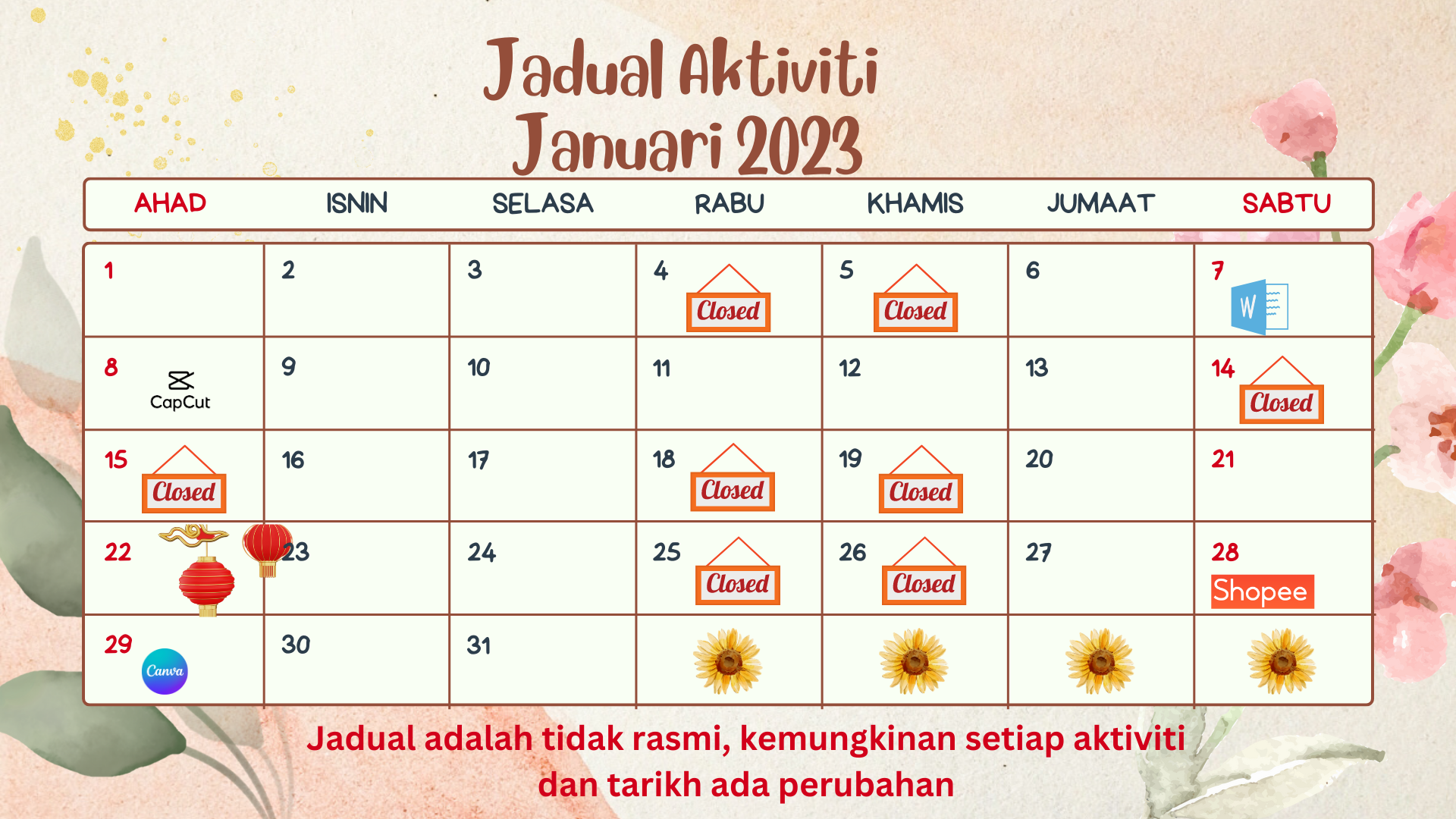 Jadual Aktiviti Jan 2023